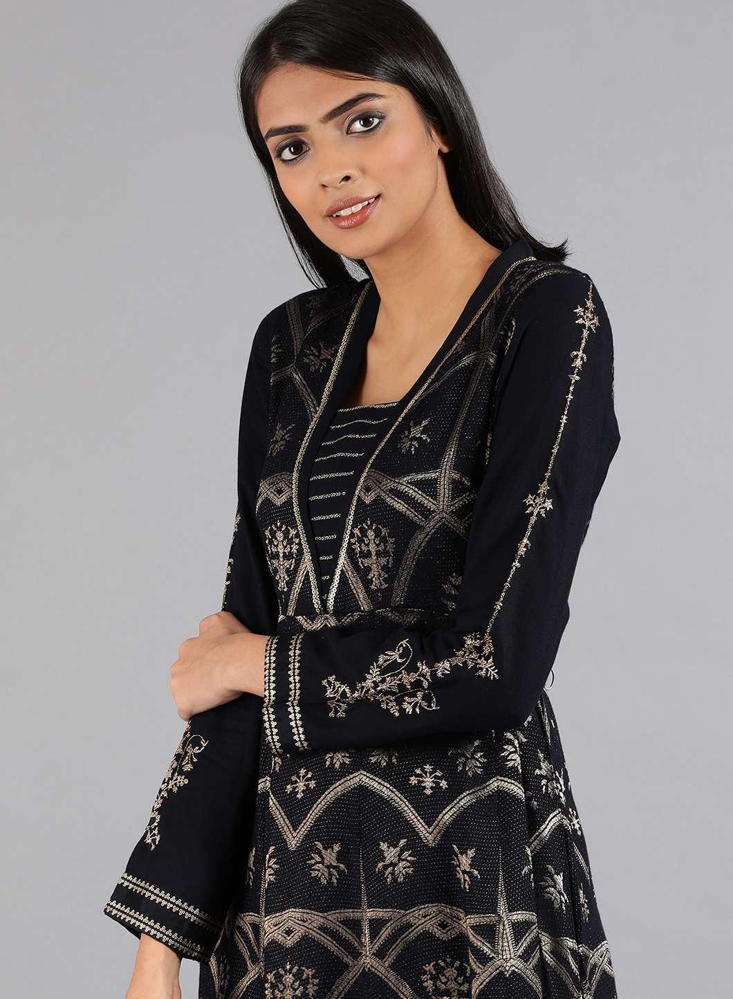 Blue Round Neck Dobby Gown - wforwoman