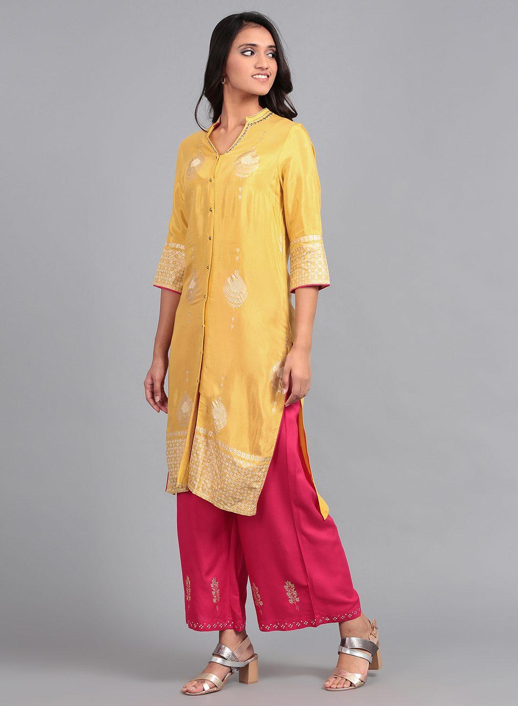 Yellow Mandarin Neck Printed kurta - wforwoman