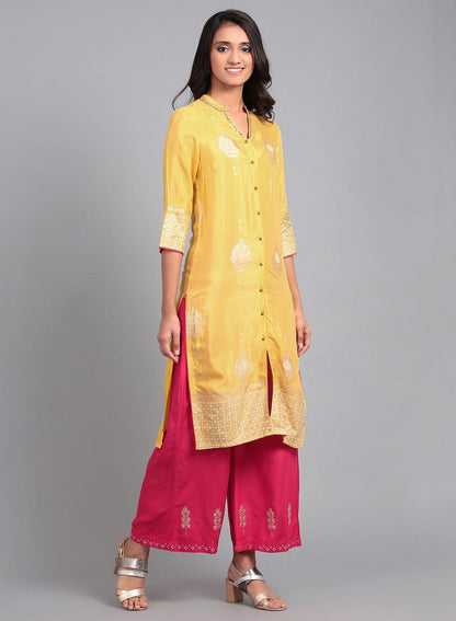 Yellow Mandarin Neck Printed kurta - wforwoman