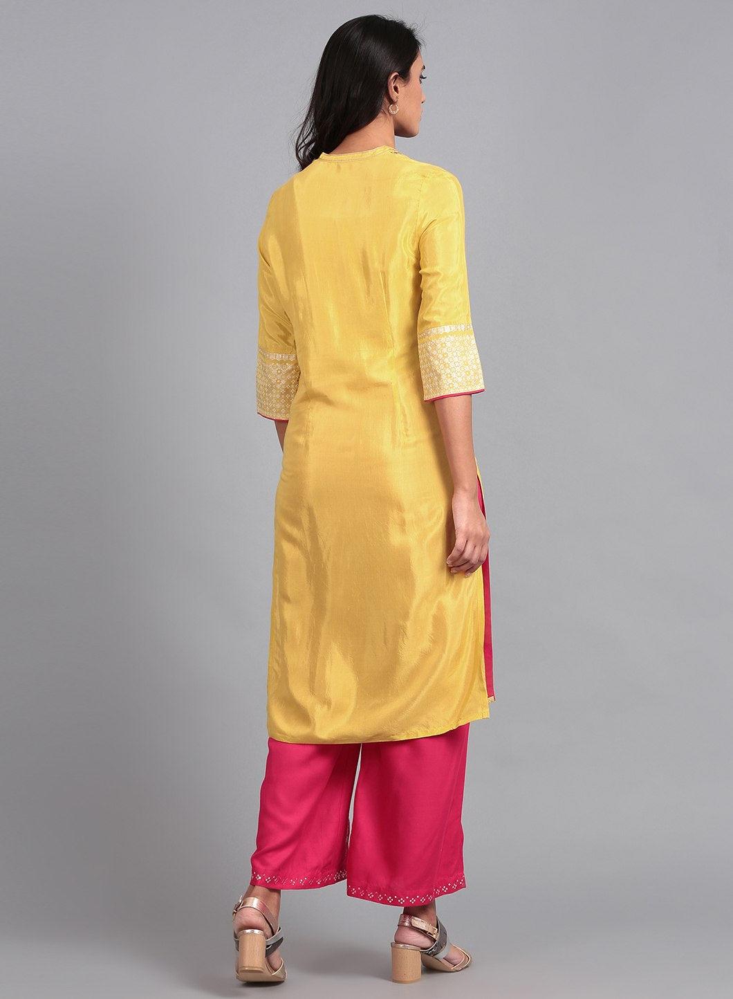 Yellow Mandarin Neck Printed kurta - wforwoman