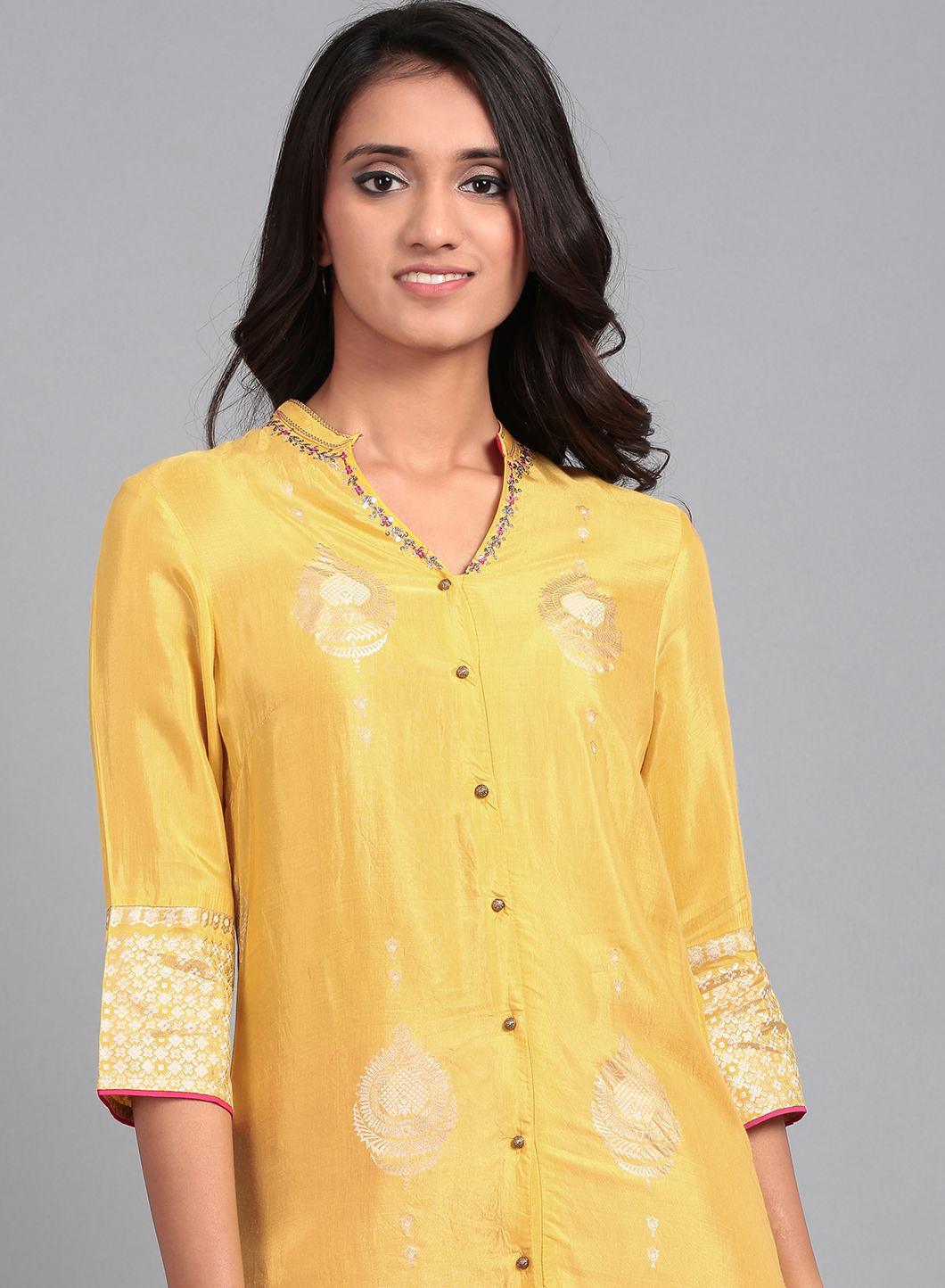 Yellow Mandarin Neck Printed kurta - wforwoman