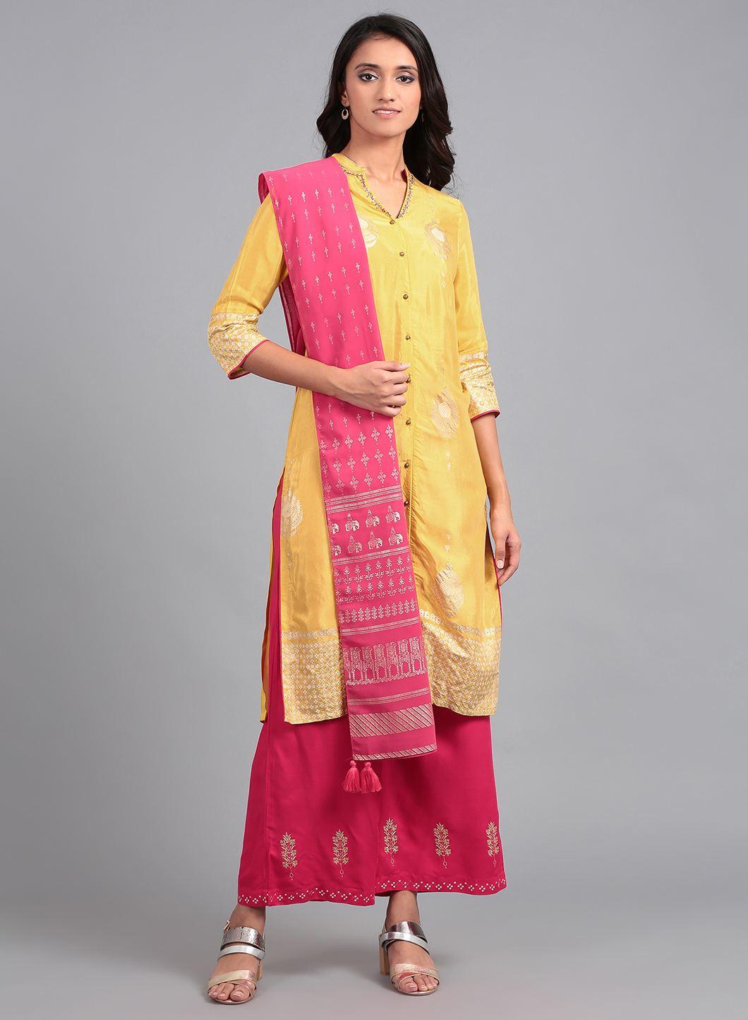 Yellow Mandarin Neck Printed kurta - wforwoman
