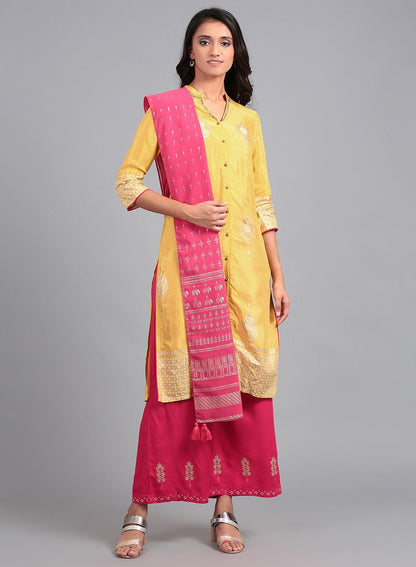 Yellow Mandarin Neck Printed kurta - wforwoman