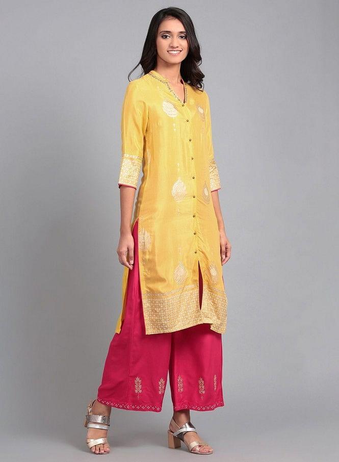 Yellow Mandarin Neck Printed kurta - wforwoman