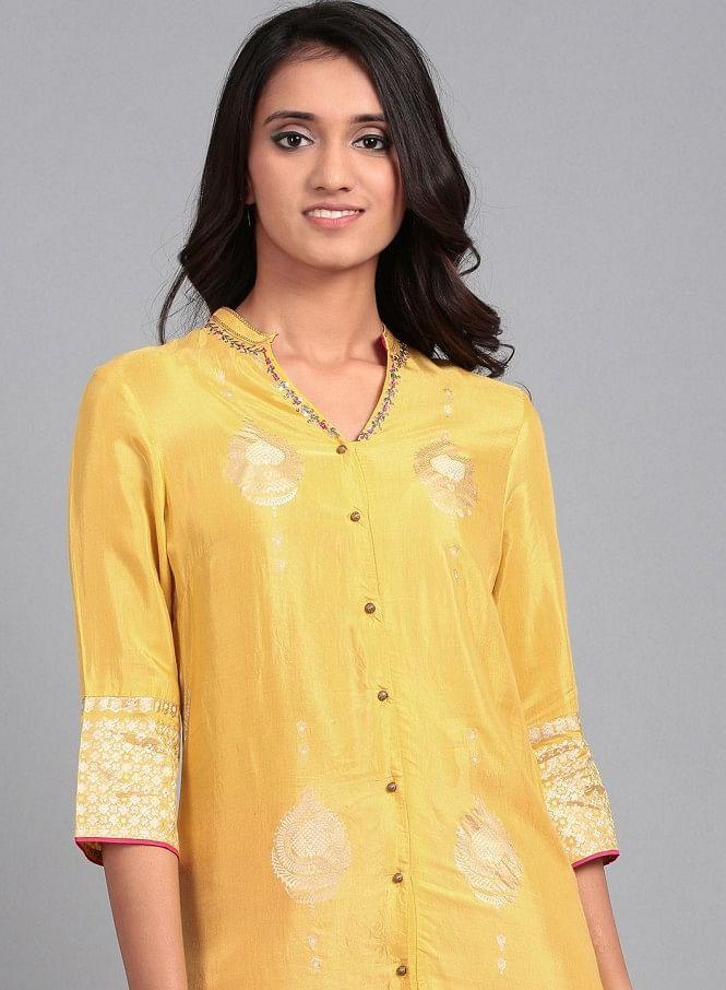 Yellow Mandarin Neck Printed kurta - wforwoman