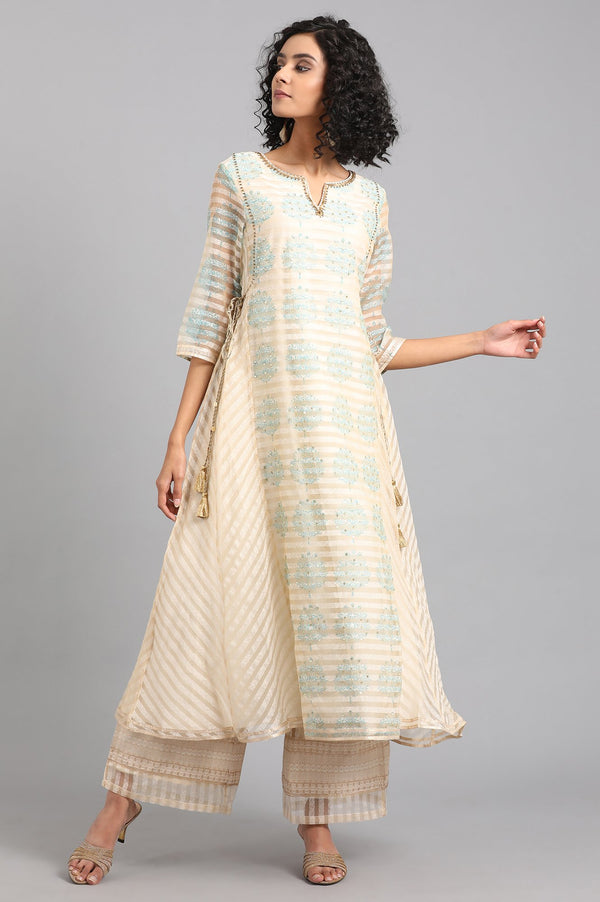 Beige Round Neck Printed Flared kurta