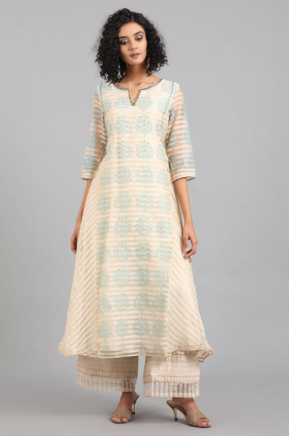 Beige Round Neck Printed Flared kurta