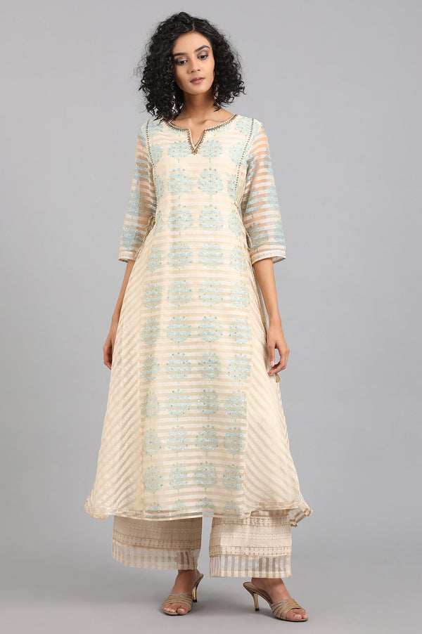 Beige Round Neck Printed Flared kurta