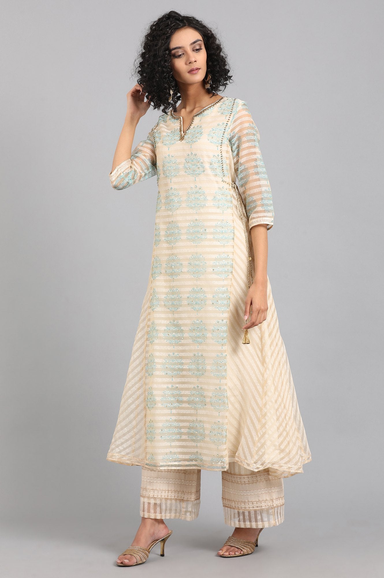 Beige Round Neck Printed Flared kurta