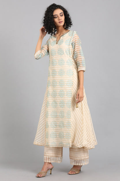 Beige Round Neck Printed Flared kurta