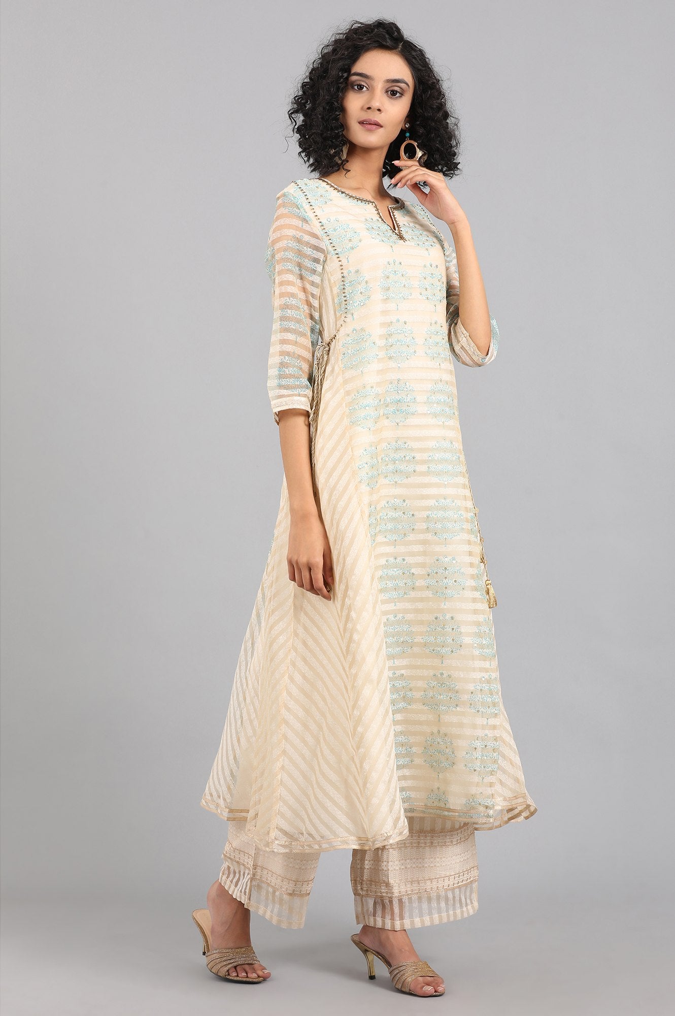 Beige Round Neck Printed Flared kurta