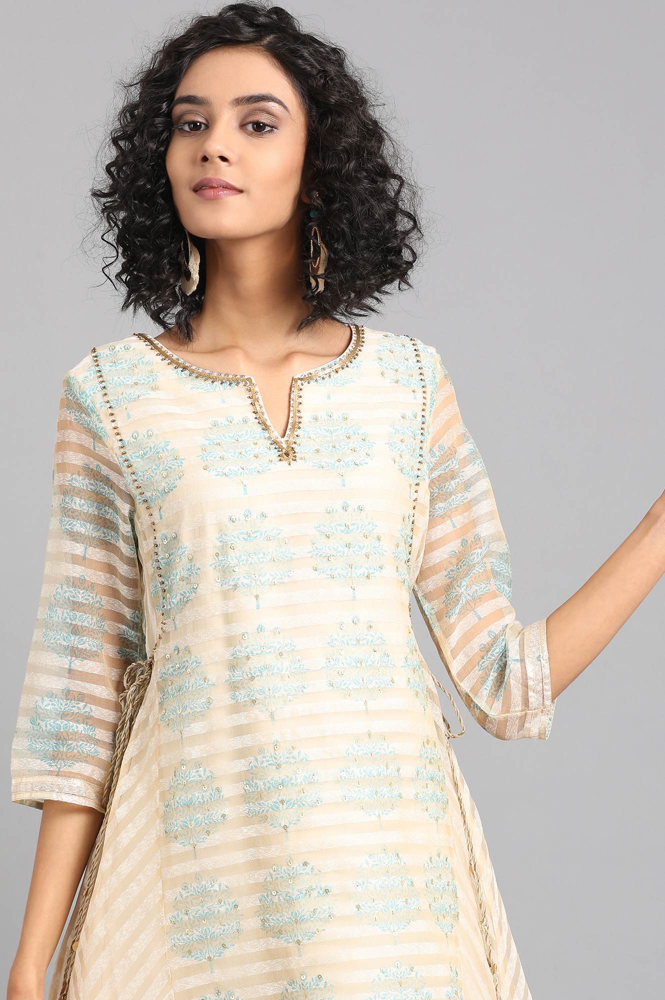 Beige Round Neck Printed Flared kurta