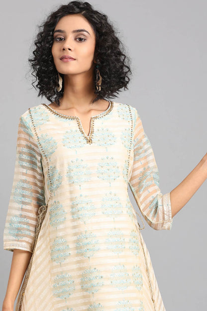 Beige Round Neck Printed Flared kurta