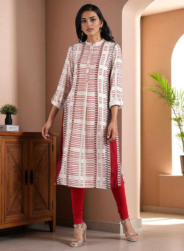White & Red Mandarin Neck Printed kurta
