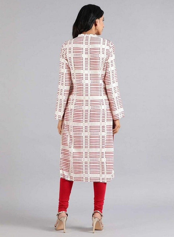 White & Red Mandarin Neck Printed kurta