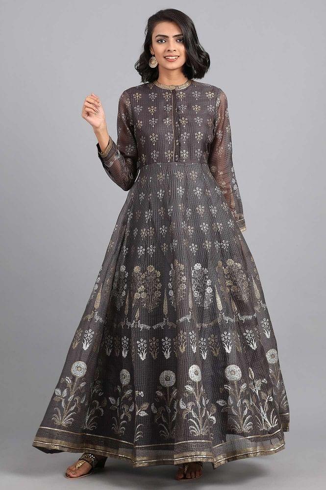 Grey Mandarin Neck Floral Khadi kurta - wforwoman
