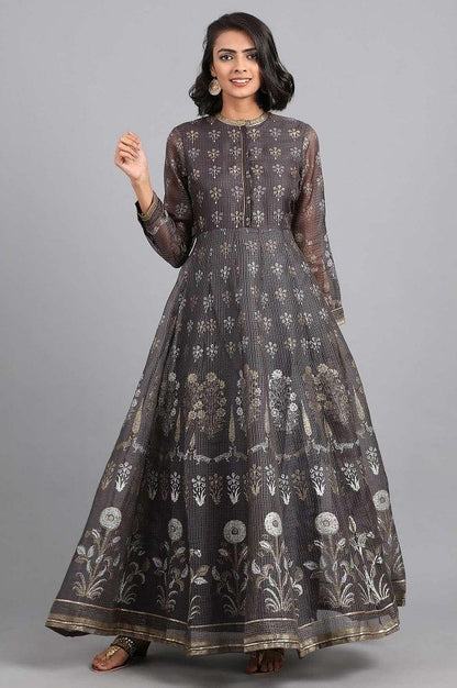 Grey Mandarin Neck Floral Khadi kurta - wforwoman