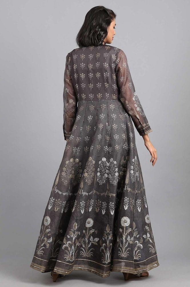 Grey Mandarin Neck Floral Khadi kurta - wforwoman