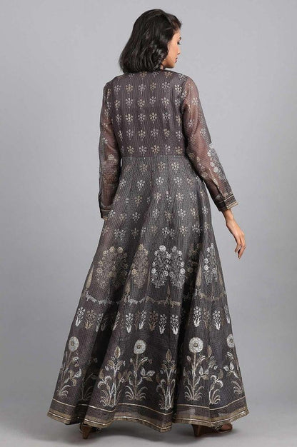 Grey Mandarin Neck Floral Khadi kurta - wforwoman