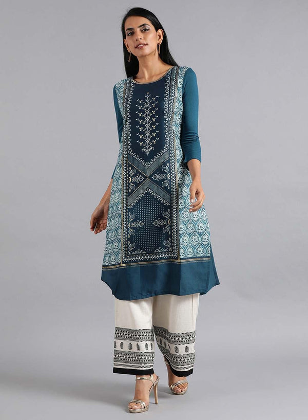 Blue Round Neck Printed kurta