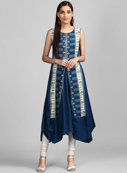 Blue Round Neck Draped Dress - wforwoman