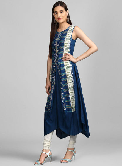 Blue Round Neck Draped Dress - wforwoman