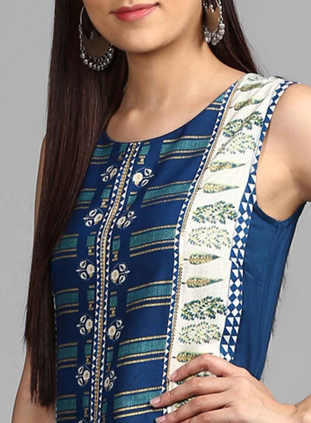 Blue Round Neck Draped Dress - wforwoman