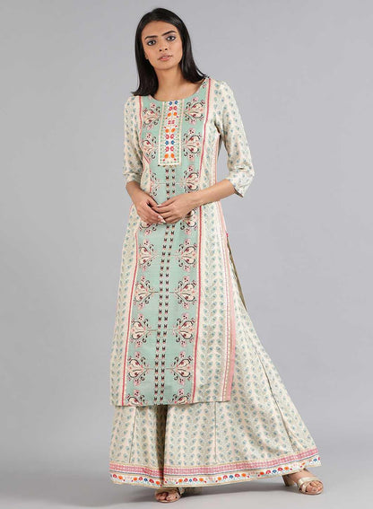 Blue &amp; Off-White Floral Print kurta - wforwoman