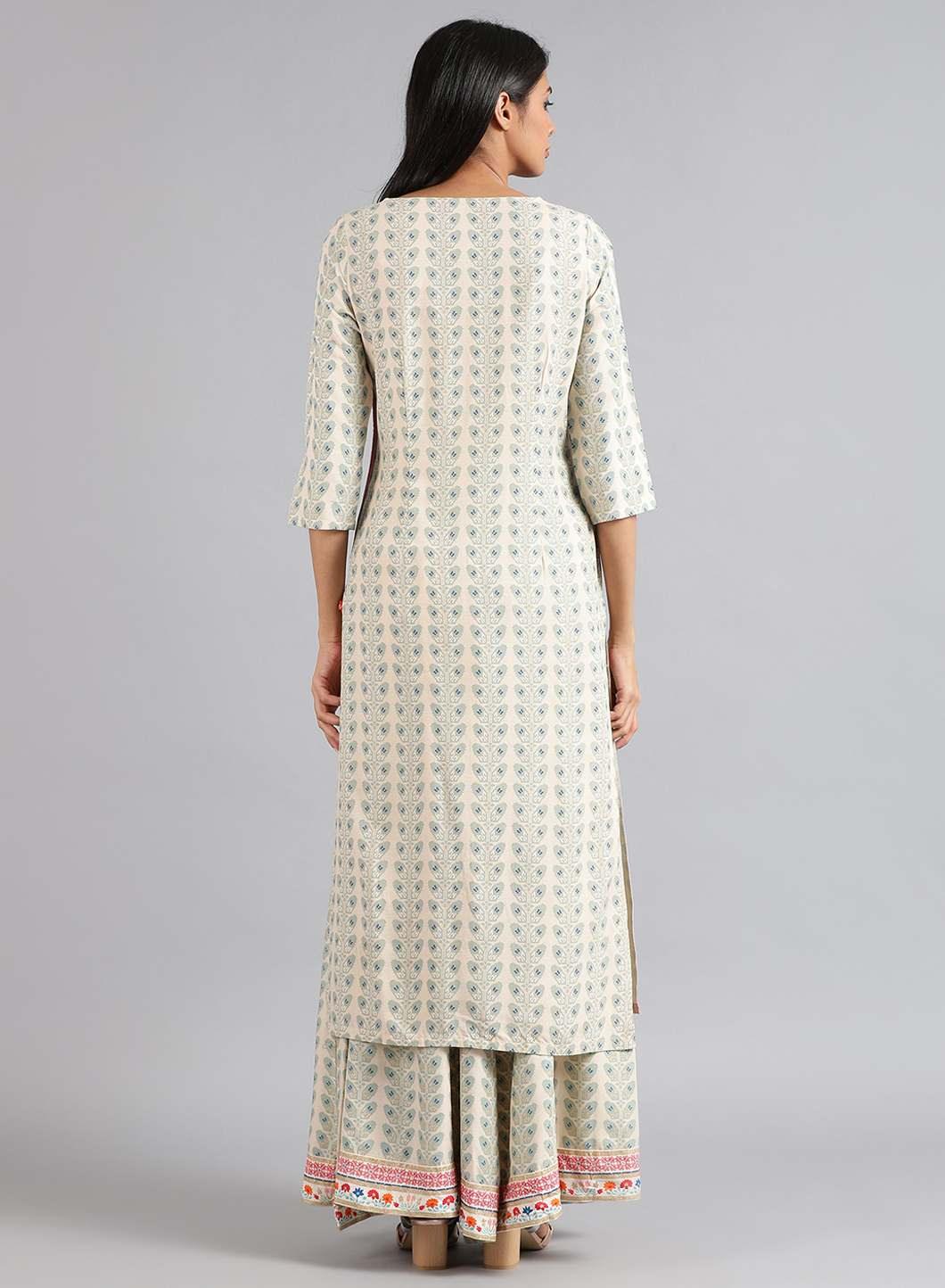 Blue &amp; Off-White Floral Print kurta - wforwoman