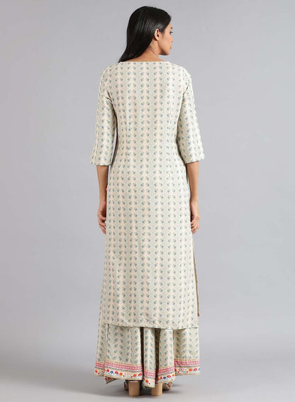 Blue &amp; Off-White Floral Print kurta - wforwoman
