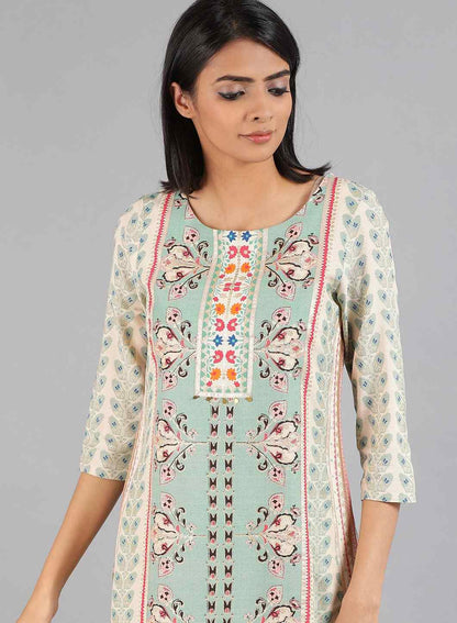Blue &amp; Off-White Floral Print kurta - wforwoman