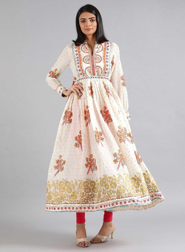 Ecru Mandarin Neck Printed Gypset Dress