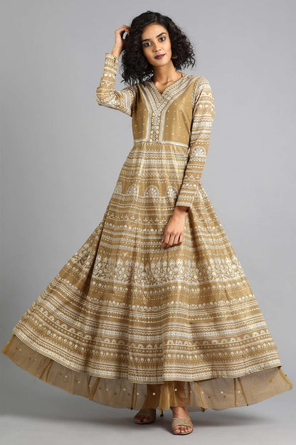 Golden V Neck Printed kurta Dress