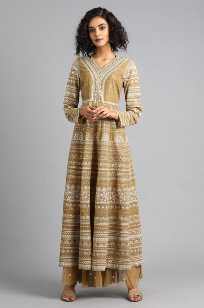 Golden V Neck Printed kurta Dress