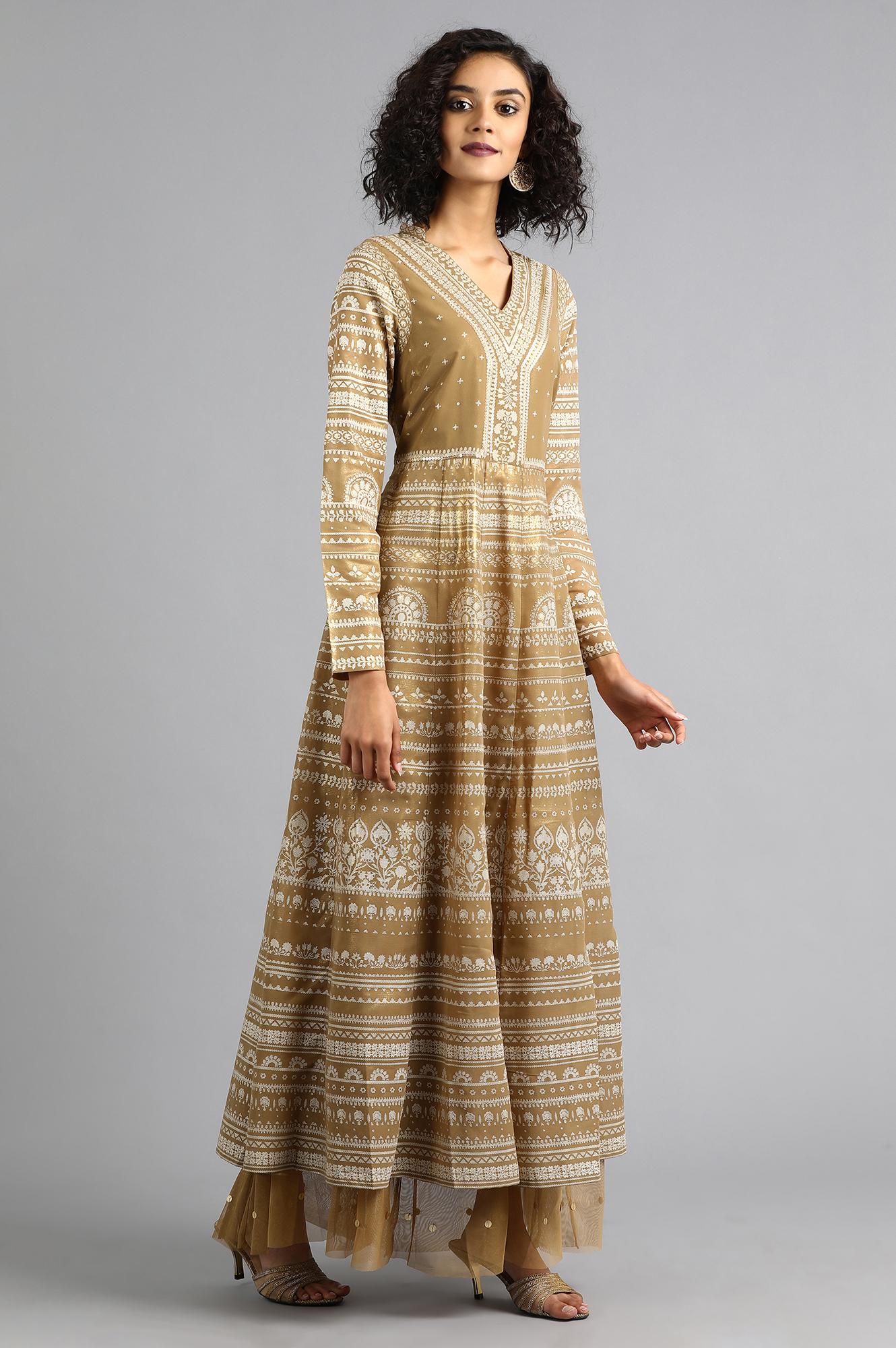 Golden V Neck Printed kurta Dress