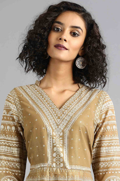 Golden V Neck Printed kurta Dress