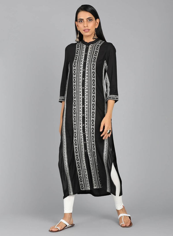 Black Mandarin Neck Printed kurta