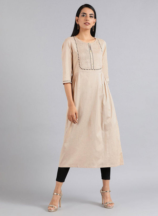 Beige Round Neck Tie-Up kurta