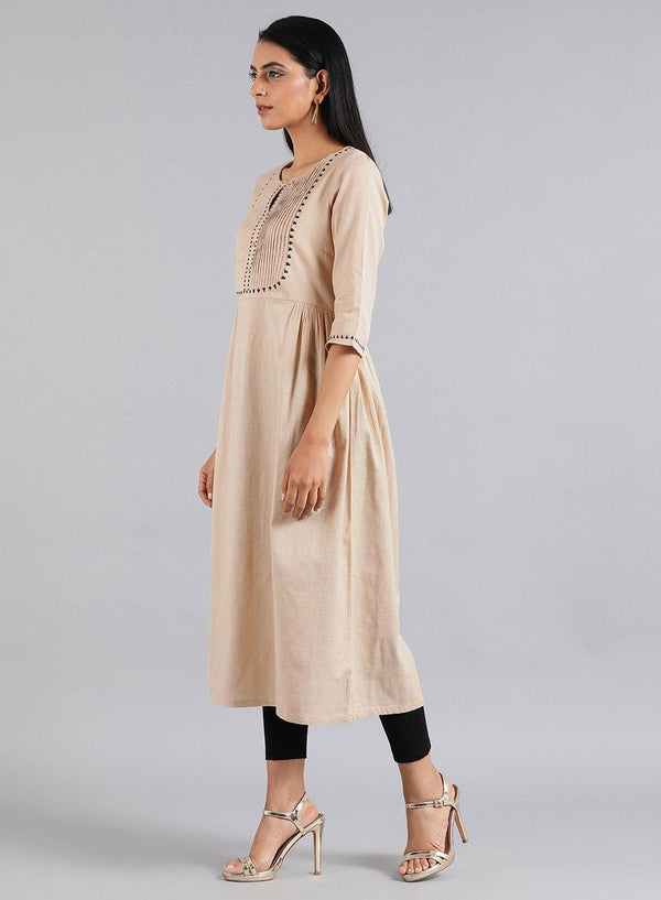 Beige Round Neck Tie-Up kurta