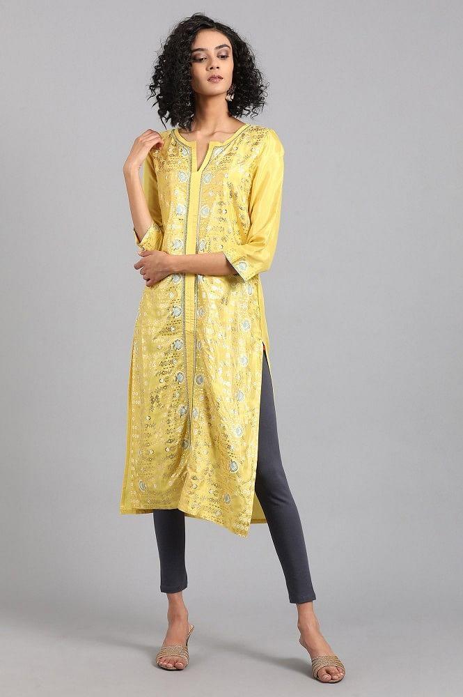 Yellow Round Neck Printed kurta - wforwoman