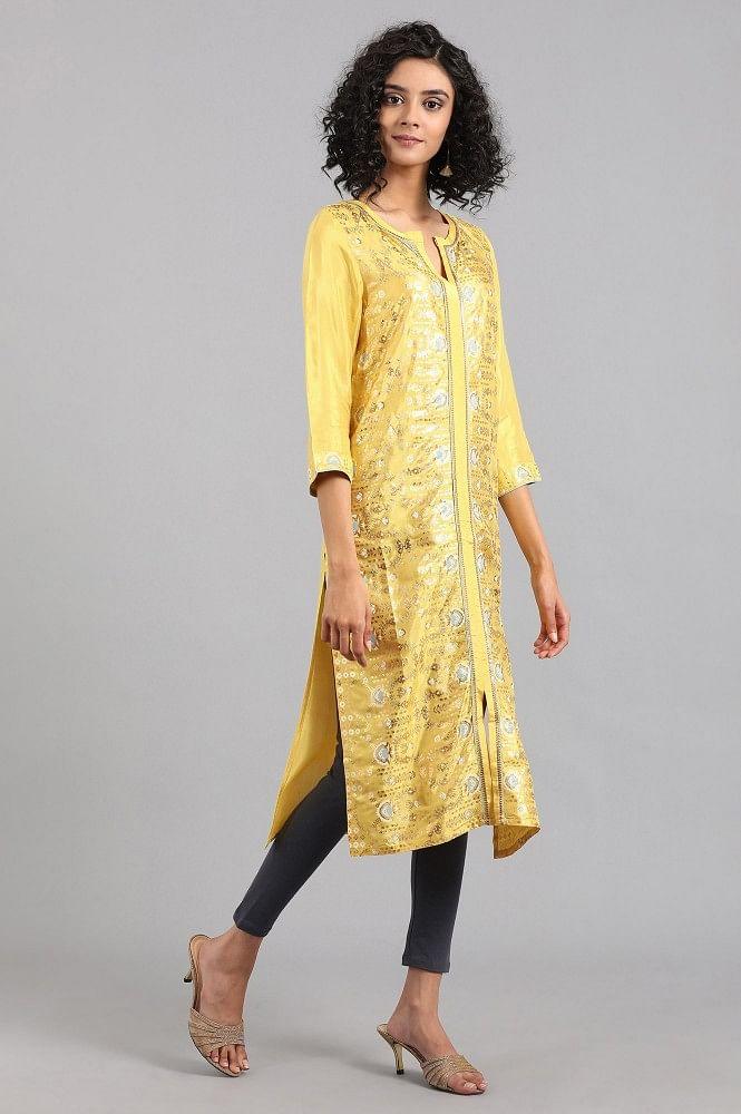 Yellow Round Neck Printed kurta - wforwoman