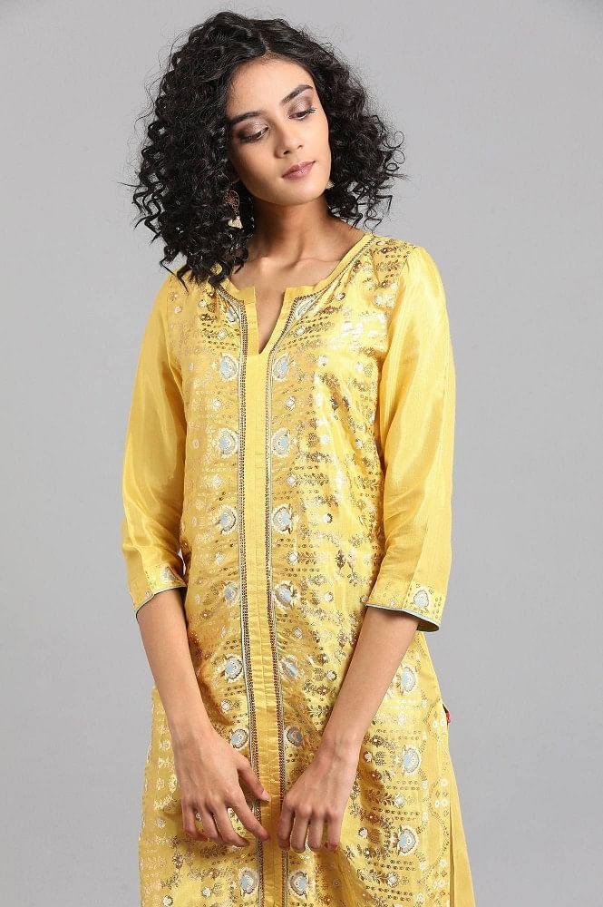 Yellow Round Neck Printed kurta - wforwoman