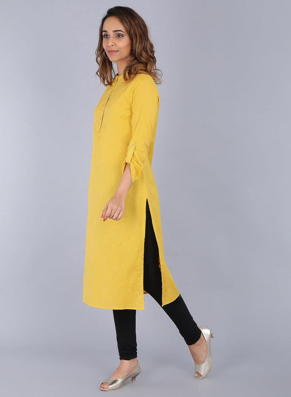 Yellow Mandarin Neck Solid kurta