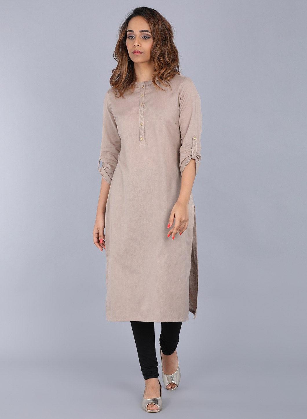 Beige Mandarin Neck kurta - wforwoman