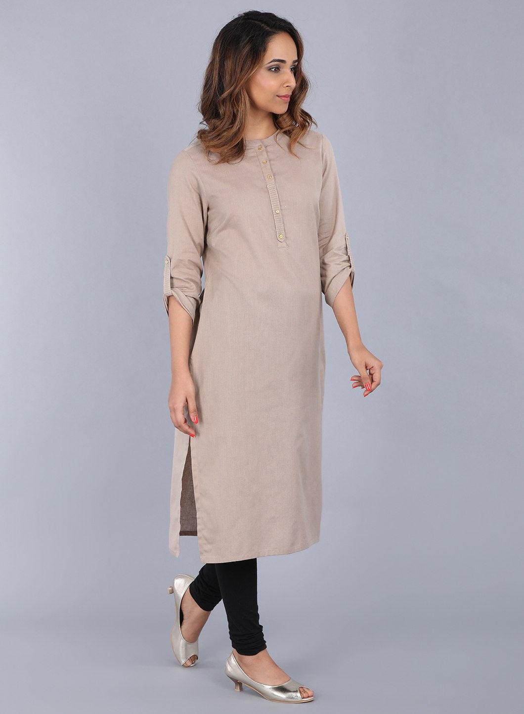 Beige Mandarin Neck kurta - wforwoman