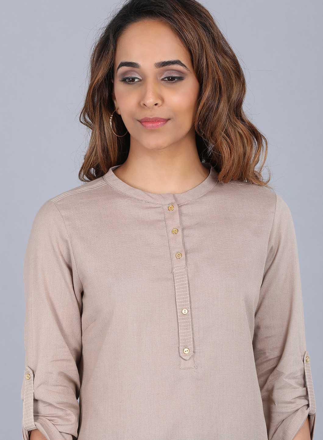 Beige Mandarin Neck kurta - wforwoman