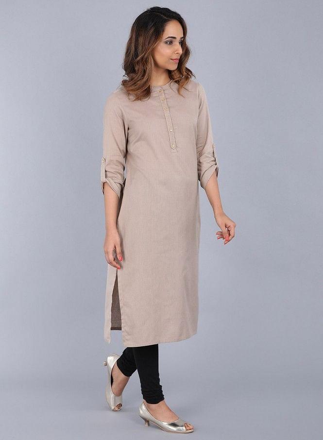 Beige Mandarin Neck kurta - wforwoman