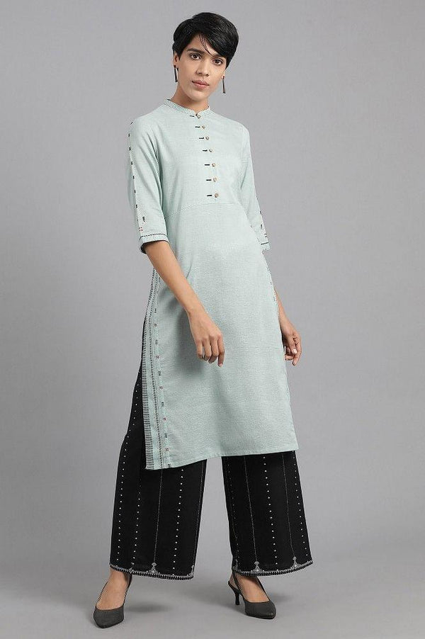 Blue Mandarin Neck Solid Khadi kurta