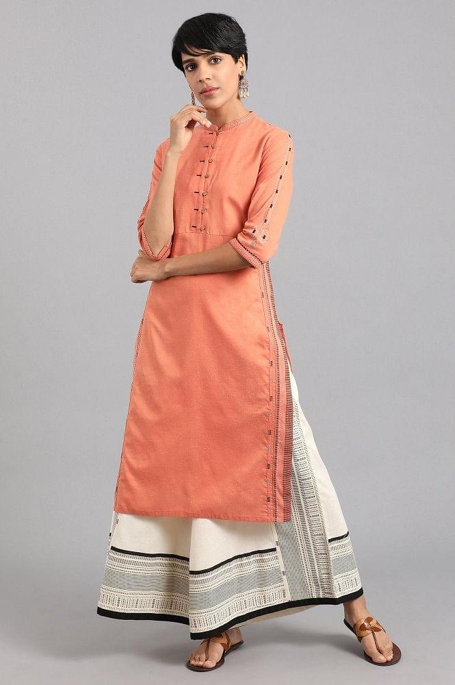 Orange Mandarin Neck Solid Khadi kurta - wforwoman