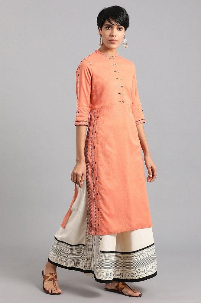 Orange Mandarin Neck Solid Khadi kurta - wforwoman
